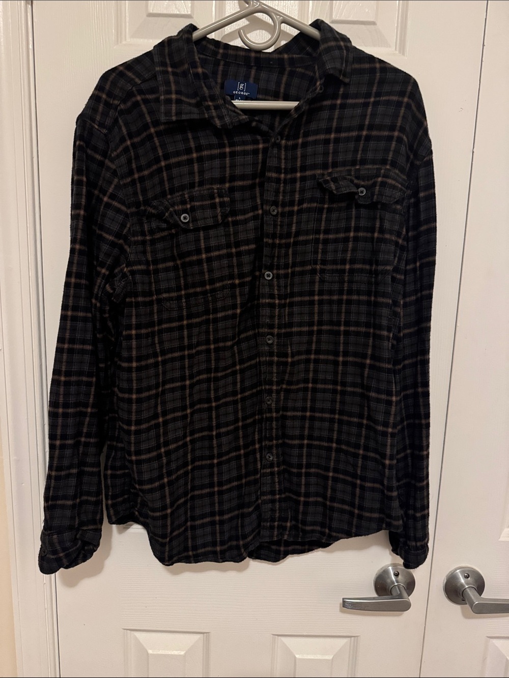 George Men’s Large Black Soot Plaid Flannel Shirt | Double Pocket